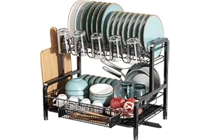 BOOSINY Egoutoire Vaisselle Cuisine 2 Niveaux, INOX Égouttoir Vaisselle sur Evier avec Porte-Gobelets et Porte-Ustensiles, Noir Séchoir à Vaisselle Rangement Vaisselle avec Vidange Automatique
