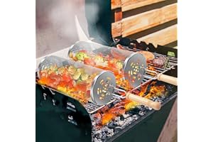 OWZ Rollendes Grillkorb Set - 2 Stück Grillkorb Edelstahl mit Holzgriff - Rolling Grilling Basket - für Camping-Grill im Freien, Gegrilltes Gemüse, Fleischspieße, Meeresfrüchte Usw(31.8 * 9.5CM)