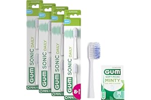 GUM Sonic Daily Lot 4X2 têtes brosse à dents sonique de rechange pour brosse à dents sonique GUM Sonic Daily - Poils doux et microfins pour un nettoyage doux et en profondeur (Blanc) +1 bonus offert