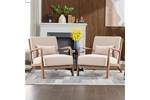 Bonzy Home Living Room Armchair Set of 2, Tub Chair Modern Accent Chair, Retro Lounge Single Sofa Chair Reading Arm Chairs with Solid Wooden Frame, Occasional Chair for Bedroom, Beige