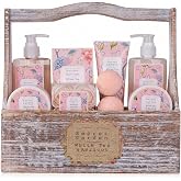 Accentra Gift Set Woman Secret Garden Wooden Box White Tea Apricot | Female Cosmetic Chest with Portable Handle, Bath &amp; Showe