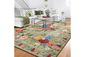 BYBSRLL Machine Washable Rugs Living Room, 120x180cm, Non Slip Floor Carpet, Boho Rug, Low Pile, Soft Vintage Floral Area Rugs for Bedroom, Kitchen,Entryway, Lounge, Bedside, Dorm, Green