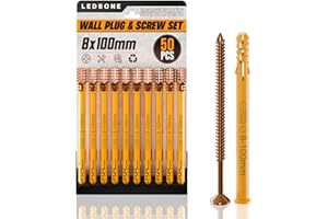 LEDSone Screws and Wall Plugs Set 50pcs 8 x 100mm Masonry Brick Concrete Fixings Plugs Assortment Kit Plugs and Screws in Compartment Box Zinc Galvanized 3 Different Size