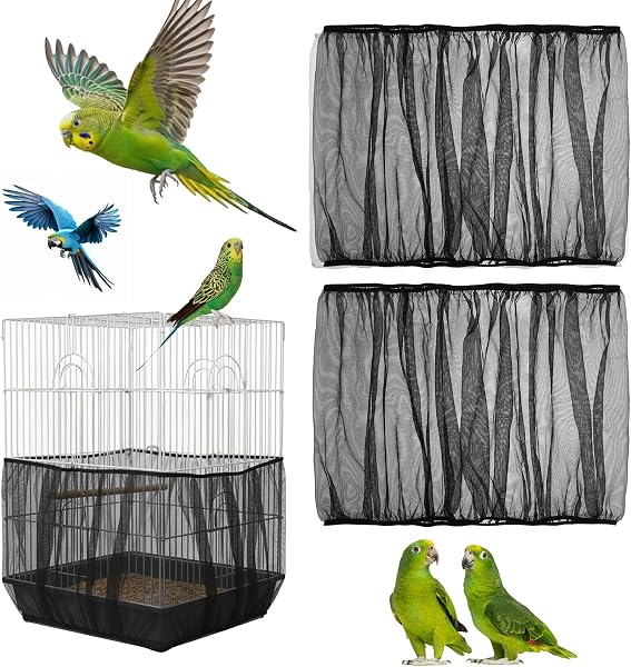 guduling 2 fundas para jaula de pájaros, red ajustable para jaula de pájaros, contenedor de semillas redondo y grande, red de nailon negro para loros, periquitos, cacatúas y más - 1