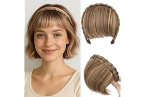 Benehair Headband with Bangs Synthetic Plaited Hair Headband with Natural Fringe Golden Brown mix Baby Blonde Hair Piece for Women Girls(Golden Brown mix Baby Blonde, 55g)