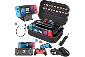 Mooroer Switch Zubehör Kit Tasche für Nintendo Switch,12 in 1 Switch Tragetasche,PlayStand,Lenkrad,Griff,Bildschirmschutz,Schutzhülle,Daumengriffe,Ladekabel,Schwarz