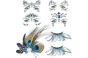 HUAHUANGHUI Pfau Kostüm Damen,Pfauenfedern Haarschmuck+Bunte Pfauenfedern Wimpern+4 PCS Glitzersteine Gesicht, Für Karneval Fasching Halloween Mottoparty Cosplay