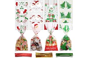 DERAYEE 120pcs Sachet Bonbon Noël, Sachet Plastique Transparent avec 150 Bandes Torsadées-Sac de Biscuits et de Cadeaux