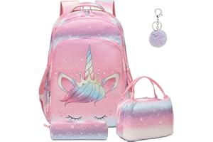Kimwadalh Sac a Dos Cartables Primaire CP Sac Ecole Multicolore Licorne Fille Sacs Scolaires,CE Set de 3 Pieces Glitter Cartables et Trousses et Sac à Lunch