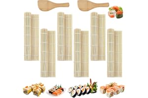 GTNCE Sushi Making Kit Bamboo 8 Pieces Kit Maker Sushi Rolling Mat Bamboo Beginner Sushi Mat Bamboos with 2 Rice Paddles Reusable Set Rolling Mats for Maki 24 x 24 CM for Home Kitchen Restaurants DIY