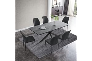 ‎JIEXI jiexi Modernes Essgruppen für 6 Personen, ausziehbarer Holztisch und 6 Stück PU-Leder-Esszimmerstühle, Esstisch-Set für Küche und Esszimmer (dunkelgrau + schwarzer Stuhl)