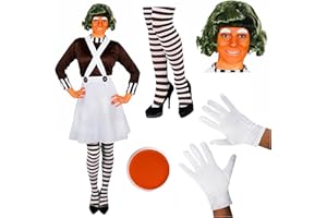 I LOVE FANCY DRESS Ladies Chocolate Factory Worker Costume - Brown Top, White Skirt, Green Wig, Striped Tights, Gloves, Eyebrows, Facepaint - Adults World Book Day Book Week Fancy Dress Costume