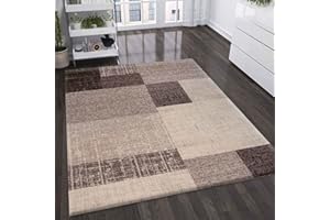 VIMODA Wohnzimmer Teppich Kurzflor in Beige Braun Designer Teppiche Modern Kachel-Optik Kariert Pflegeleicht, Maße:160x230 cm
