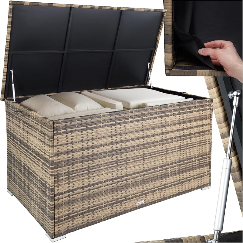 tectake® Aluminium Polyrattan Aufbewahrungsbox mit Deckel, 750L, Gartenkiste wetterfest, Gartenbox mit Gasdruckfedern, Garten Auflagenbox, UV-beständig, rostfrei, Stauraum, 145x82,5x79,5 cm - natur