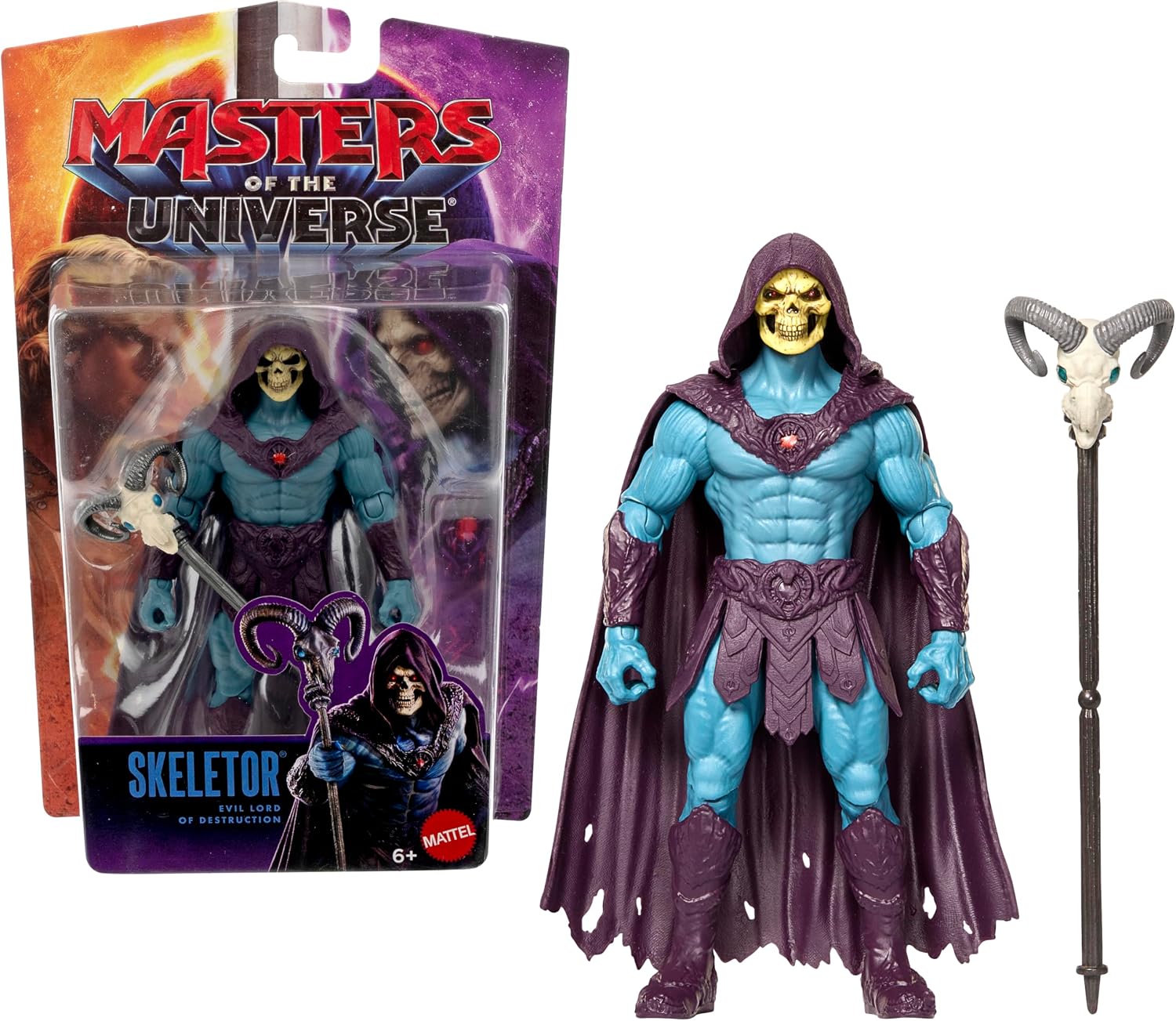 Masters of The Universe Skeletor Figura de acción del Villano de 13,97 cm con Aspecto Fiel al de la película, 14 articulaciones móviles y báculo Havoc con Cabeza de Carnero, JKH92