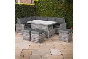Club Rattan Henley Range High Back LHF Dining Corner Sofa Set in Grey Weave with Rising Table In Grey Weave, 9 seater outdoor rattan garden furniture