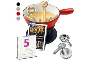 Ottia Fondue Set für 2, 3, 4, 5, 6 Personen aus Gusseisen & Emaille. Als Käsefondue, Fleischfondue, Schokofondue. Induktion geeignet, Schadstofffrei, mit Brenner+Gabeln+Rezeptbuch, Fondü-Set aus HH