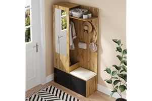 Staronce Vestiärensemble med spegel och skoskåp - 100 x 38 x 191 cm - Svart trä - Korridorskap med 5 krokar och bänk - Garderobsset med dolda klädhängare för
