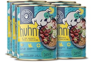 Pets Deli Nassfutter für Junghunde mit Huhn, Rind, Amaranth, Fenchel & Ringelblume ohne Zucker und Gluten 6 x 400g