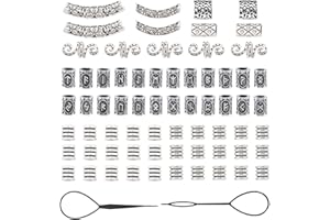 SUNNYCLUE 1 Sac 69pcs Perles de Cheveux Viking Perles de Tube Nordique Perles de Colonne d'argent Antique pour Le Tressage de Cheveux Bracelet Pendentif Collier Bricolage Bijoux Décoration de Cheveux