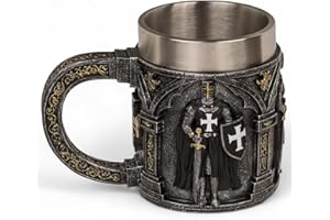 MIJOMA Recipiente da cavaliere con inserto in acciaio inox – rilievo medievale ricco di dettagli in poliresina – decorazione e pezzo da collezione (templari della giustizia, brocca: circa 11 × 9 cm)