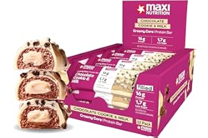 MaxiNutrition Barritas proteicas Creamy Core sabor a galleta de chocolate y leche, 12 x 45 g, 36% de proteína (16 g por barrita), bajo en azúcar, sin azúcares añadidos, sin aromas artificiales.