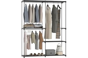 HOMCOM Armoire de Rangement, penderie Portable, Armoire Chambre avec 3 Barres de Suspension et 4 étagères, Facile à Assembler, penderie vêtement pour vestiaire, Chambre, Dressing, 142x43x185cm, Noir