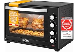 TZS First Austria Mini four Electrique 60L, Four à convection 2000W, avec Minuteur 0-60 min, Grille et Plaque de Four, Double Vitrage, Rôtissoire, 100-230°C, Noir