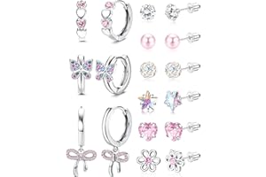 DOCHAIS 9Paia Orecchini Bambina Anallergici Acciaio Chirurgico 316L Inossidabile Orecchini Set Carina Farfalla Fiore e Cuore Orecchino a Cerchio Argento 5A+ Zirconia Cubica Orecchino Set Bambina Donna