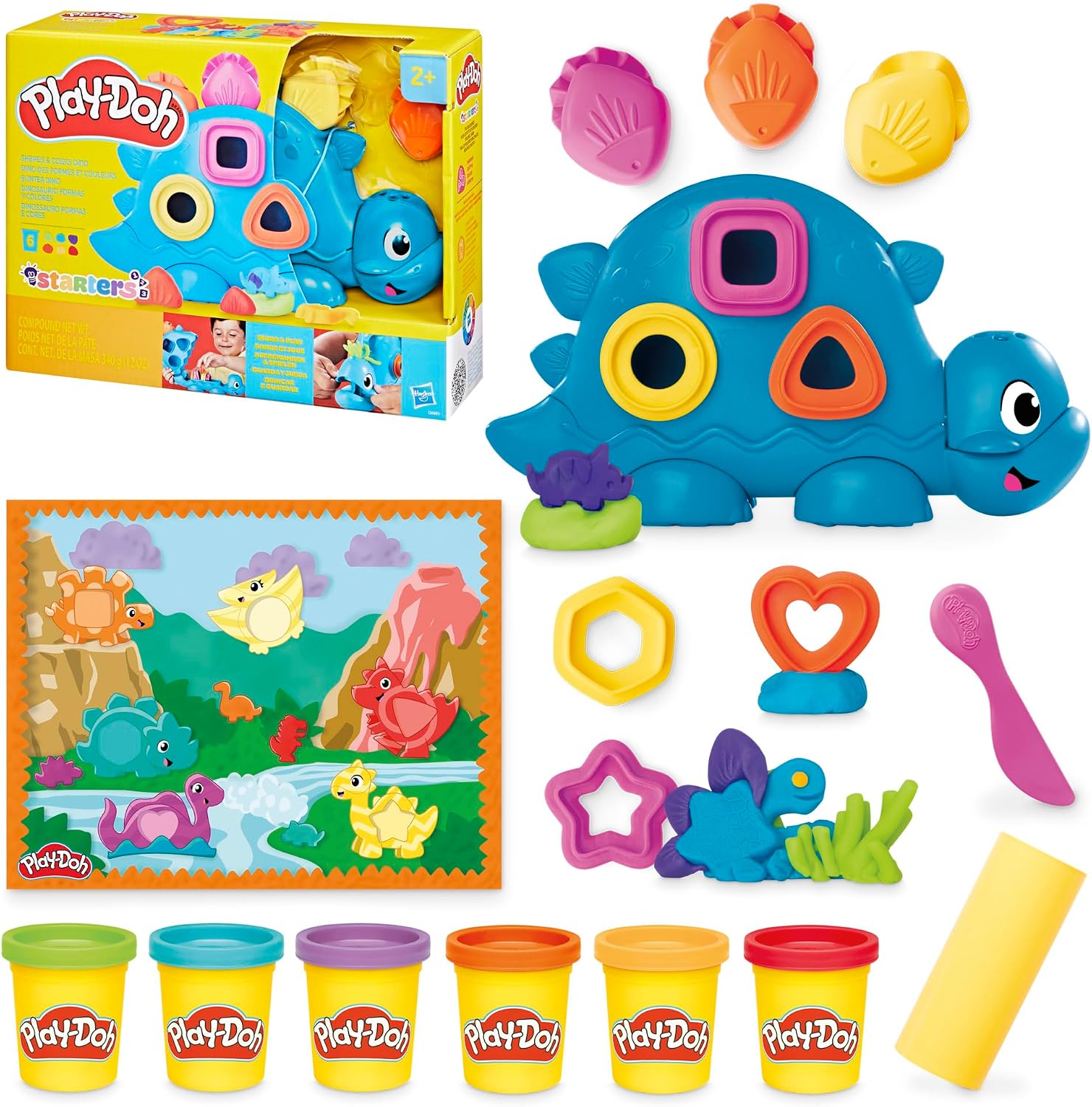 Play-Doh Hasbro, Dinosaurio, Formas y Colores, Juguetes de Arte y Manualidades, Materiales Artísticos para Niños y Niñas de 2 Años o Más, 6 Botes, Plastilina de Colores, Creatividad, Regalo