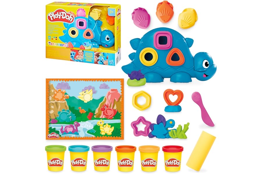 Play-Doh Starter Set Shapes & Colours Dinosaur Playset, Preschool Arts and Crafts Kit with Dino Tools, Cutters & 6 Tubs, Creative Sensory Toy for Kids (3+), Great Gift for Children