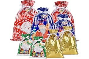 AUERVO 8pcs Assorted Christmas Wrapping Gift Bags with Tags Cards, Holiday Present Goodies Bags for Xmas Holiday Party