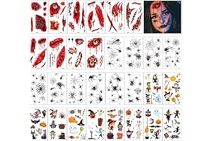 LGZIN 30 Fogli Tatuaggi Temporanei di Halloween, Tatuaggi di Halloween Adesivi Include Cicatrici, Ragni e Zucche, Halloween Cicatrice Adesivi per Bambini Uomo Donna, Decorazioni Cosplay