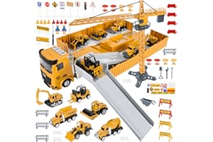 FORMIZON Camion Transporteur Voiture, Véhicules de Chantier Enfants Jouet de Camions de Remorque Set avec Musique & Lampe, 6 Mini Véhicules de Chantier, Jouets Grue (Jaune)