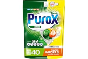 CLOVIN PUROX PUROX UNIVERSAL Lessive Capsules (40 Lavages) – pour Tous Textiles, Élimine les Taches, Protège les Couleurs, Entièrement Rinçable, Formule Optimisée, Doypack