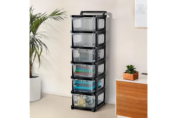Kuber Industries 6 Layer Heavy Duty Plastic Storage Drawer with Wheels Modular Cabinet for Bedroom, Office, Home Chest of Drawers Organiser for Cosmetics, Kitchen items, Toys Transparent Black