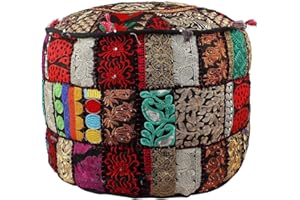Aakriti Gallery - Copri pouf rotondo in stile etnico, rivestimento decorativo indiano in cotone ricamato per poggiapiedi, ottomano, solo fodera, nero, 56 x 35,6 cm