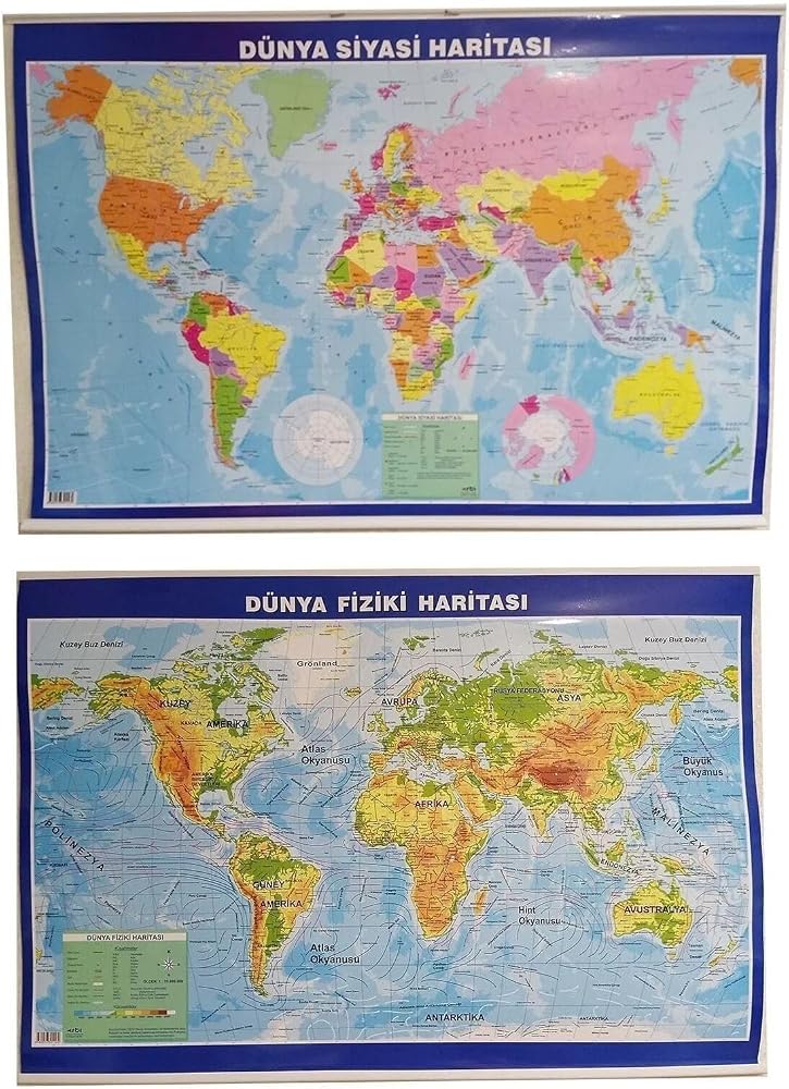 Lrs Store Dünya Haritası Siyasi ve Fİziki Çift Taraflı Çıtalı 70x100 cm Eğitici Harita, Çok Renkli