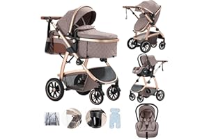 Lnhcrbs Set de Cochecito De Bebé 3 en 1, Cochecito Bebe de Altura Ajustable Con Asiento de Coche, cochecito bebe 3 piezas de Bebé para Bebés de 0-4 Años con Mosquitera Bolsa para Mamá Porta Biberón