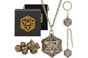 KELLER & WEBER Mini Set di Dadi DND con Portachiavi Portatile, Collana, Catena da Tasca, Gabbia Metallica Vuota D20 Drago, Mini Set Poliédrici in Metallo da 7 Pezzi, Regali D&D con Scatola Regalo, Bronzo