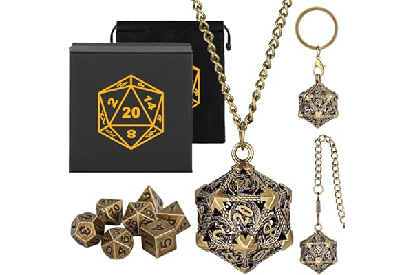 Mini Set de Dés DND avec Porte Clés Portable, Collier, Chaîne de Poche, Cage Métallique Creuse en D20 Dragon, Mini Set Polyédrique en Métal de 7 Pièces, Cadeaux D&D avec Boîte Cadeau, Bronze