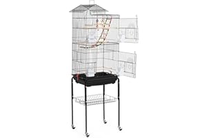 Yaheetech Voliere Oiseaux Interieur Cage Oiseau Cage Perroquet pour Canaris Perruches avec Support Détachable Poignée Toit Ouvrant 46 x 36 x 159 cm Noir