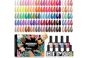 Phoenixy 50PCS Pintauñas Semipermanentes 45 Colores Esmaltes Semipermanentes para Uñas con 1 Base y 4 Top Coat Brillante Mate Glitter y Golden Kit de Uñas Semipermanentes