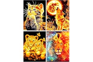 Qhui Diamond Painting Kits, 4 Pack Peinture Diamant pour Enfants et Adultes, Broderie Diamant kit Complet Animaux, 5d Diamant Painting Strass Chat Loup Tigre Lion pour Home Wall Decor