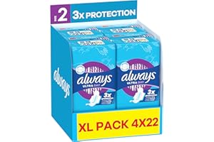 Always Ultra Sanitary Towels, Size 2 Long, Extra Large Pack, 88 Count, Super Absorbent, Ultra Thin Pads with Wings for Moderate Flow