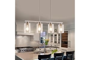 Mecgirn Island Light for Kitchen, 4-Light Dining Room Light Fixture with Clear Glass Shade, Brushed Nickel Linear Chandelier Pendant Lighting Over Table for Dining Table Kitchen Island Living Room