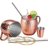 Wellead Moscow Mule Becher, Kupferbecher Moscow Mule Mug 2er Set mit 2 Becher, 2 Untersetzer, 2 Trinkhalme, Jigger in…