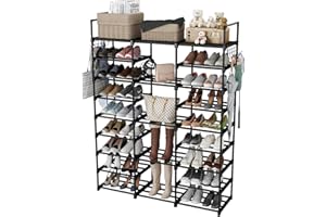 Finew Shoe Rack 9 Tier 3 Row, Metal Shoes Storage Organiser Shelf, Holds 50-55 Pairs Shoe Boots, Stackable Stand Shoe Cabinet with Hooks, Tall Shoe Tower for Hallway Entryway, Space Saving - Black