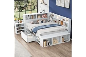 RIAZOS Kinderbett, 140x200 cm, Doppelbett, multifunktionales Kinderbett mit Schubladen, Bücherregal und Stauschrank, großer Stauraum, Lattenrost, ohne Matratze, weiß