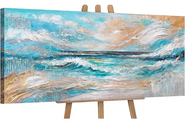 YS-Art Images colorées sur toile avec des accents dorés Belles peintures acryliques peintes à la main sur la mer Tableau mural peint à la main Peinture acrylique Décoration intérieure 115x50 cm